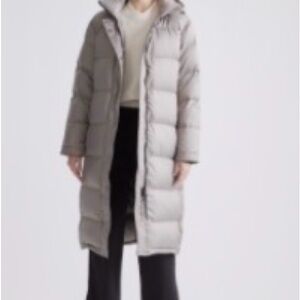 Long Quilted Puffer Coat in stone taupe